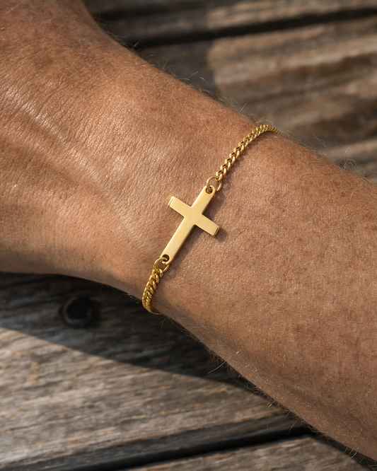Cross Bracelet Gold worn close up on the wrist