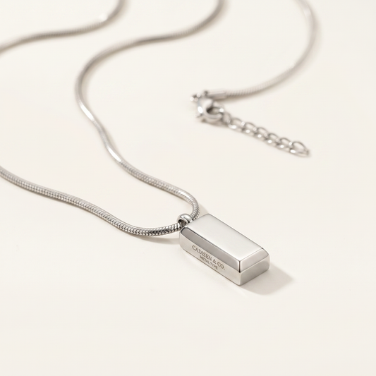 Close-up of the 3D block pendant