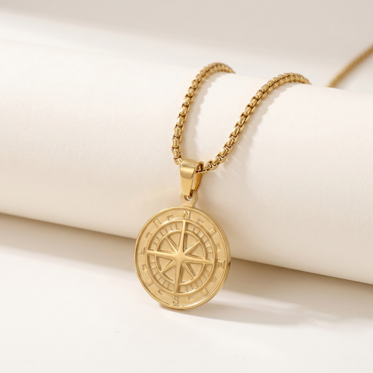 Close-up of the compass medallion and box chain