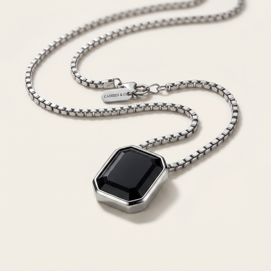 Close-up of the octagonal onyx pendant