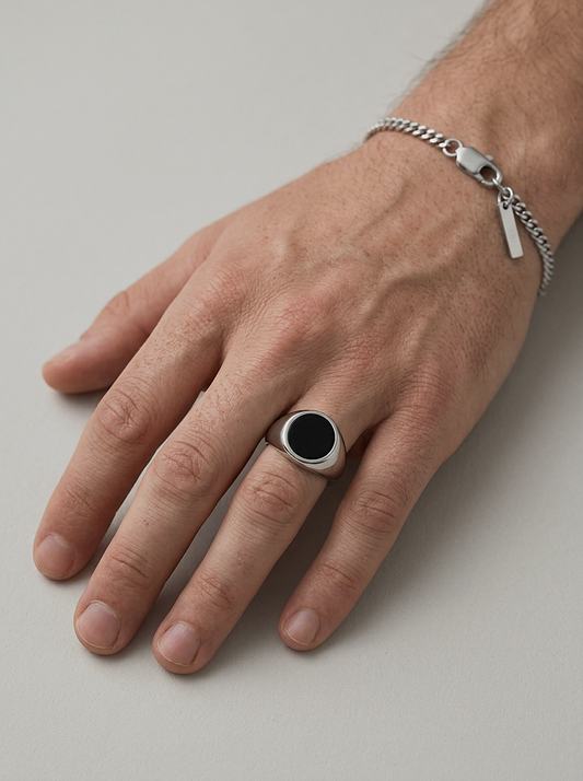 Onyx Signet Ring Round worn