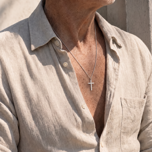 Cross Necklace worn at an open shirt collar