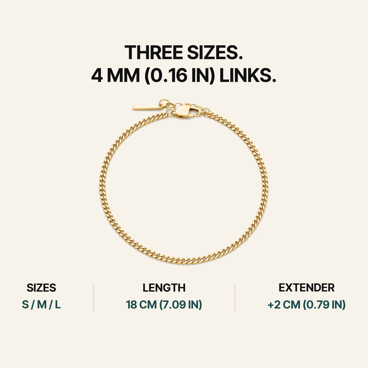Cuban Bracelet Gold (18K). Three Sizes. 4 Mm (0.16 In) Links.