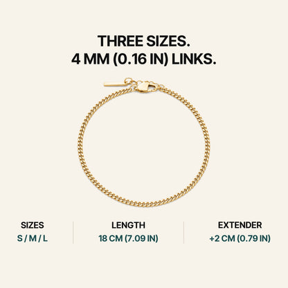 Cuban Bracelet Gold (18K). Three Sizes. 4 Mm (0.16 In) Links.
