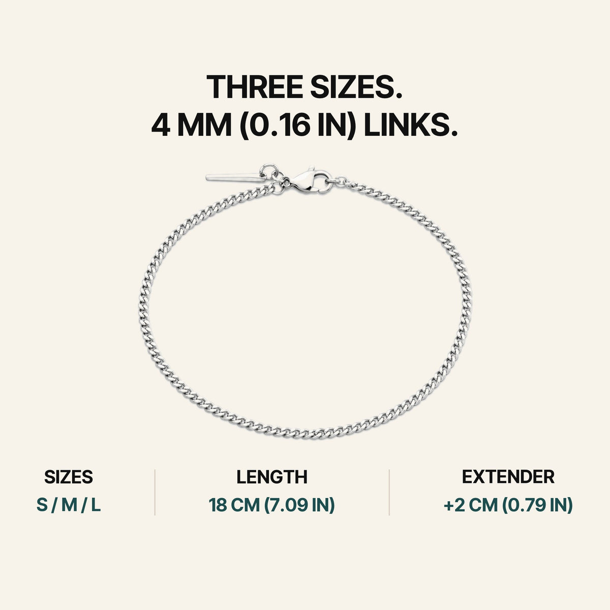 Cuban Bracelet Silver. Three Sizes. 4 Mm (0.16 In) Links.