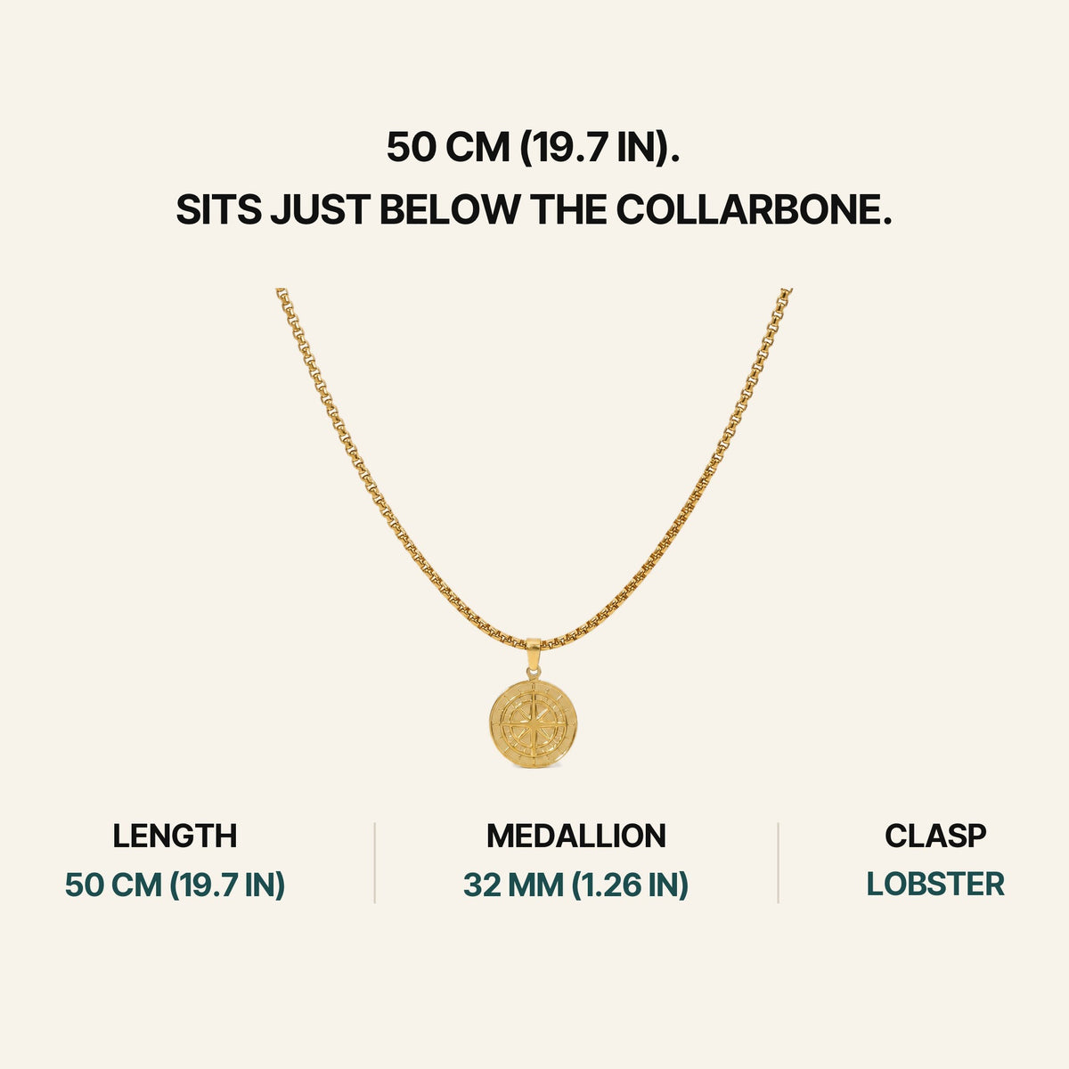 Compass Pendant Necklace (18K). 50 Cm (19.7 In). Sits Just Below The Collarbone.