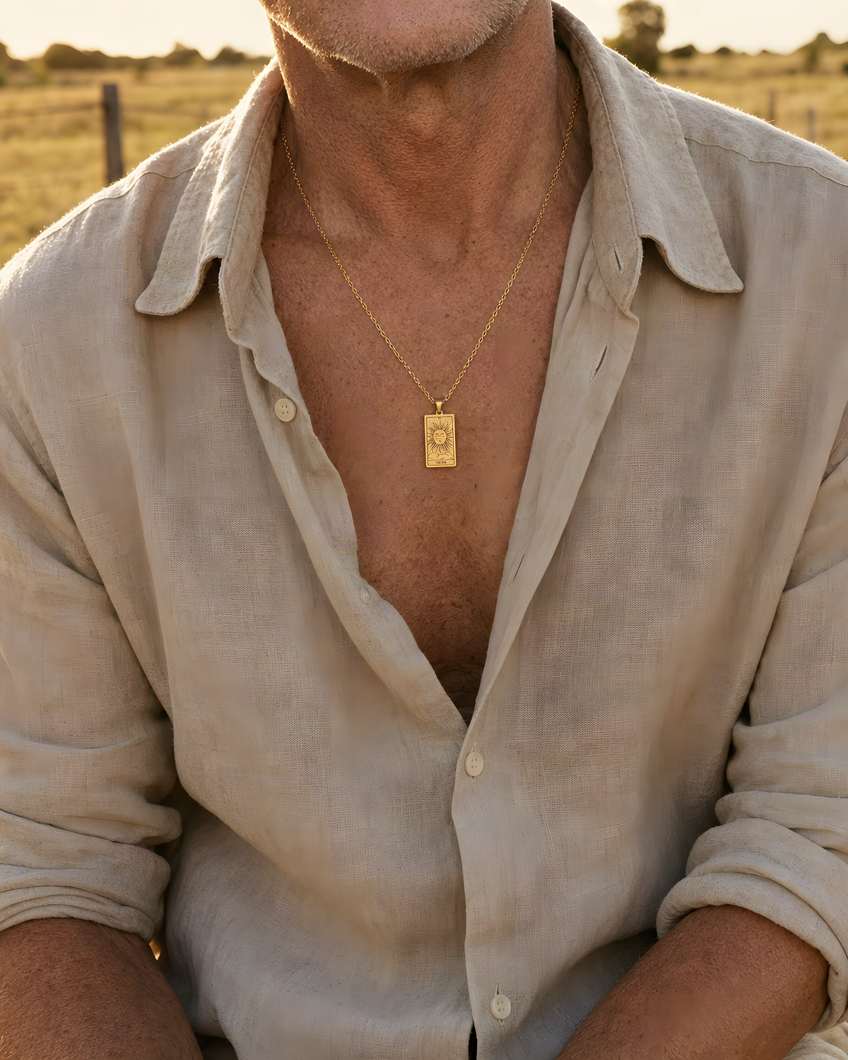 Tarot Necklace Gold worn outdoors in late afternoon light