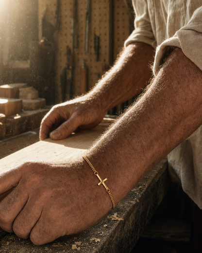 Cross Bracelet Gold worn at a workbench