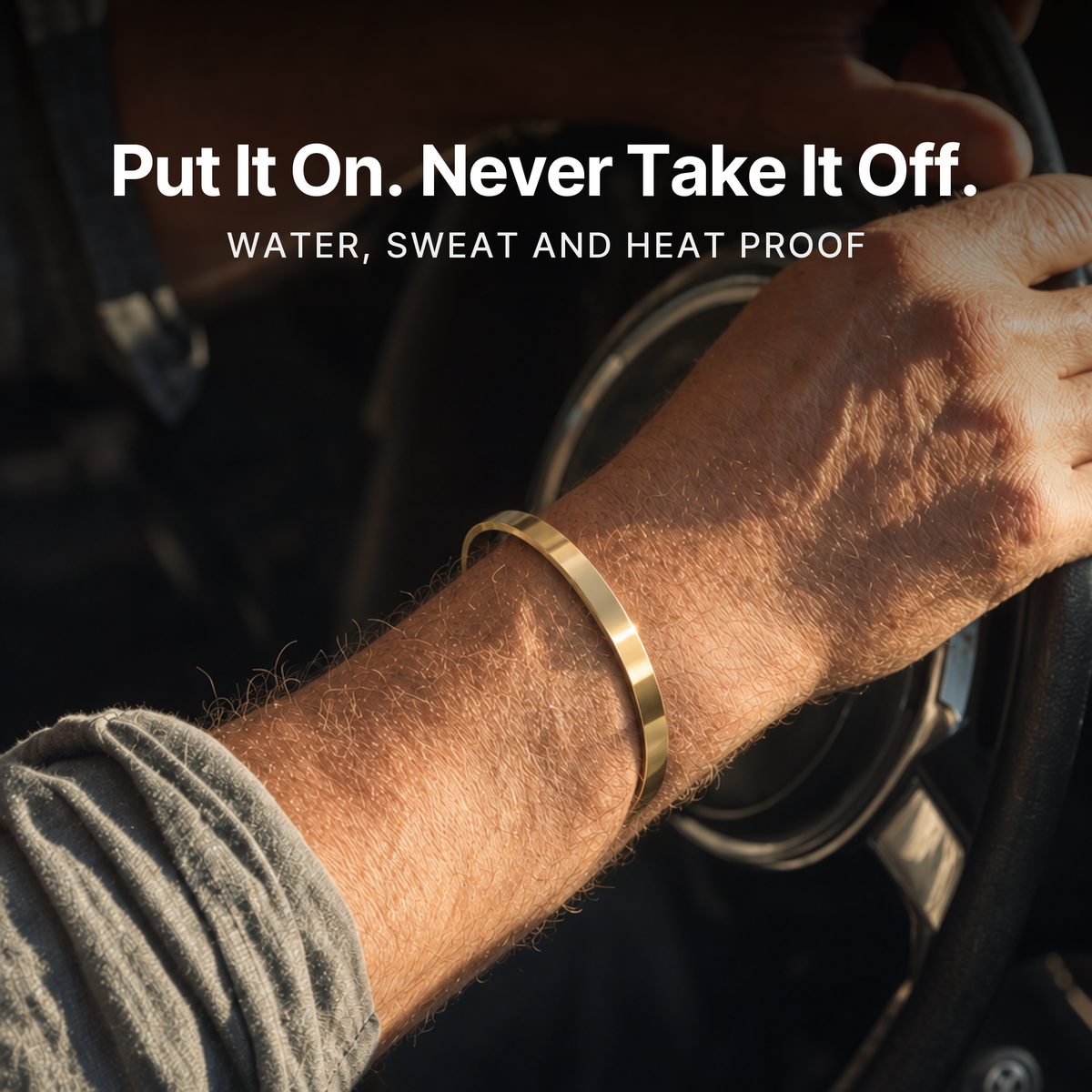 887Seven Meridian Cuff in 18K gold worn with a hand on a steering wheel. Put it on, never take it off.