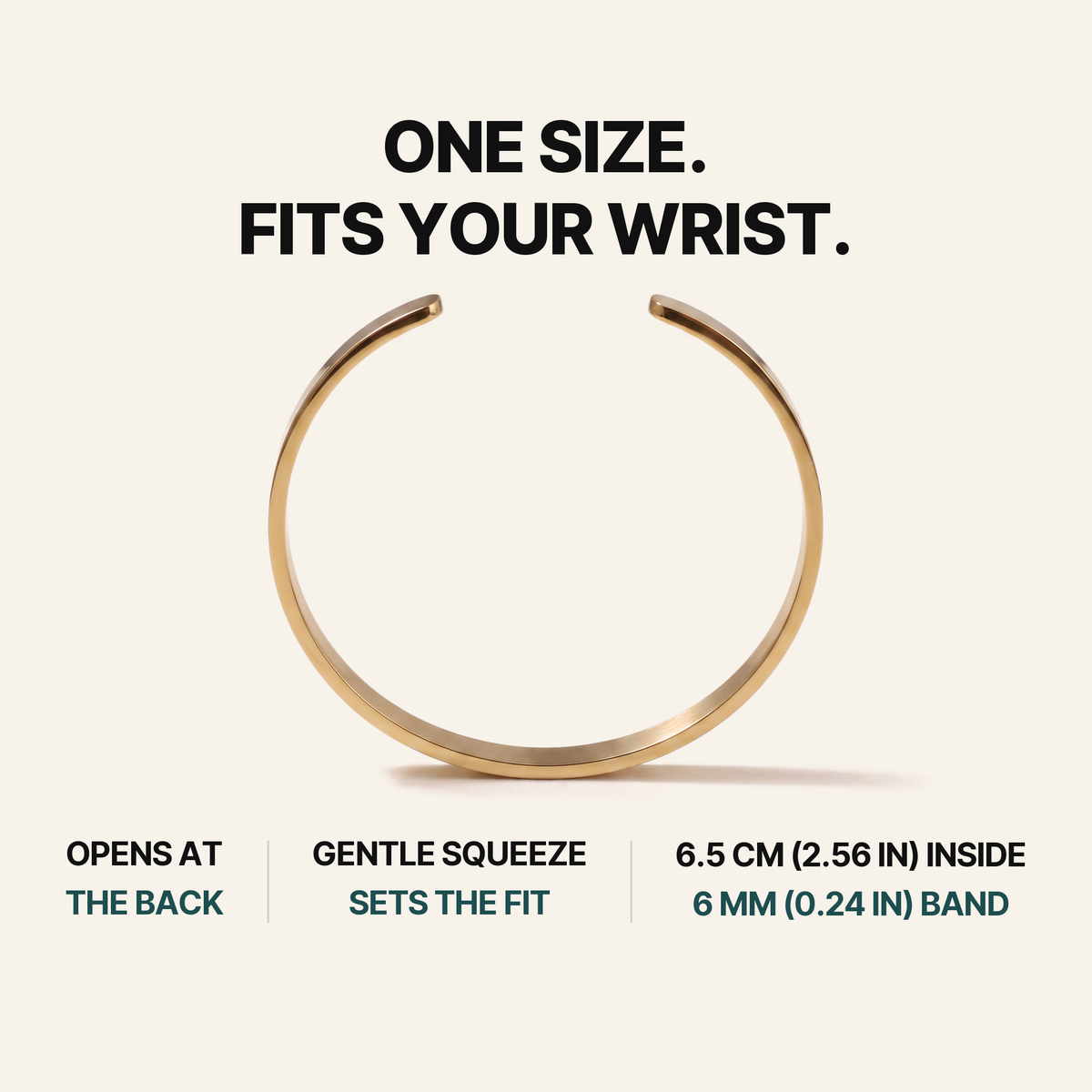887Seven Meridian Cuff in 18K gold fit guide. One size, fits your wrist. 6.5 cm (2.56 in) inside, 6 mm (0.24 in) band.