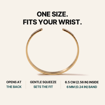 887Seven Meridian Cuff in 18K gold fit guide. One size, fits your wrist. 6.5 cm (2.56 in) inside, 6 mm (0.24 in) band.