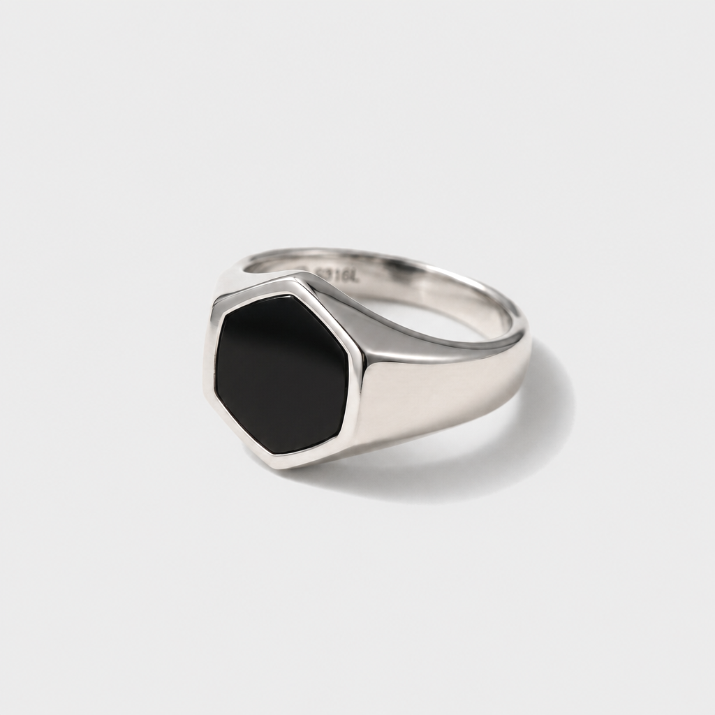 Onyx Signet Ring, Hexagon Face on the 887Seven grey plate