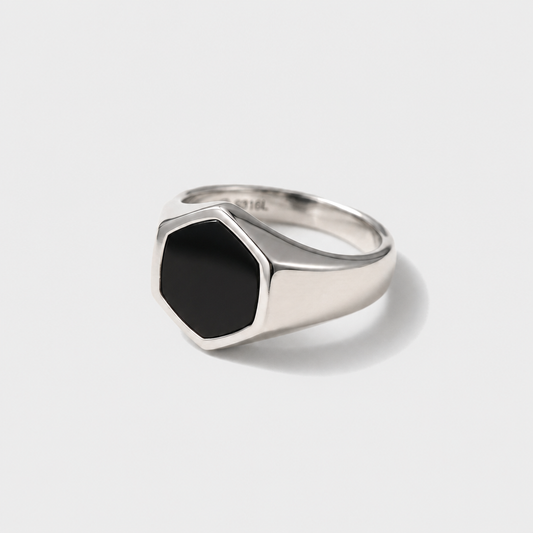 Onyx Signet Ring, Hexagon Face on the 887Seven grey plate