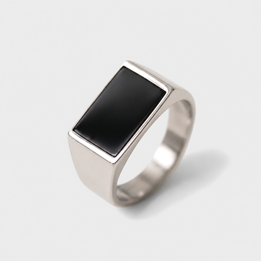 Onyx Signet Ring, Rectangle Face on the 887Seven grey plate