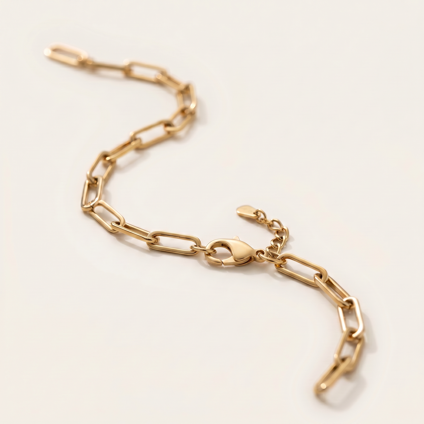 Close-up of the elongated gold paperclip links