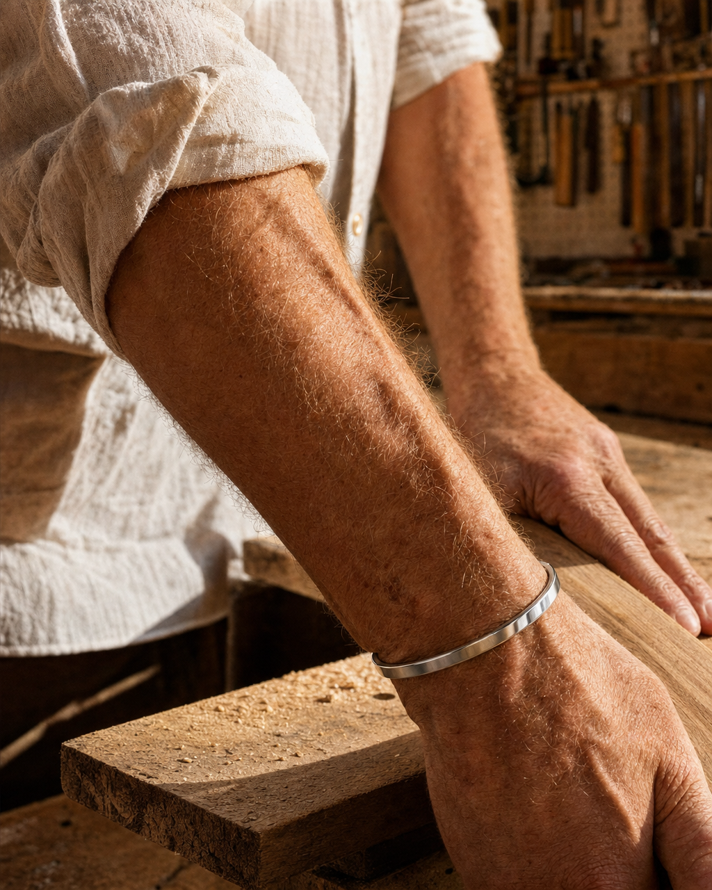 Meridian Cuff worn at a workbench
