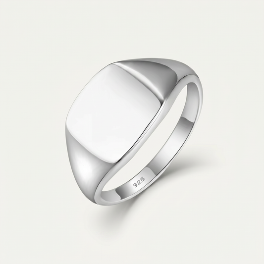 Engravable sterling silver signet ring on white