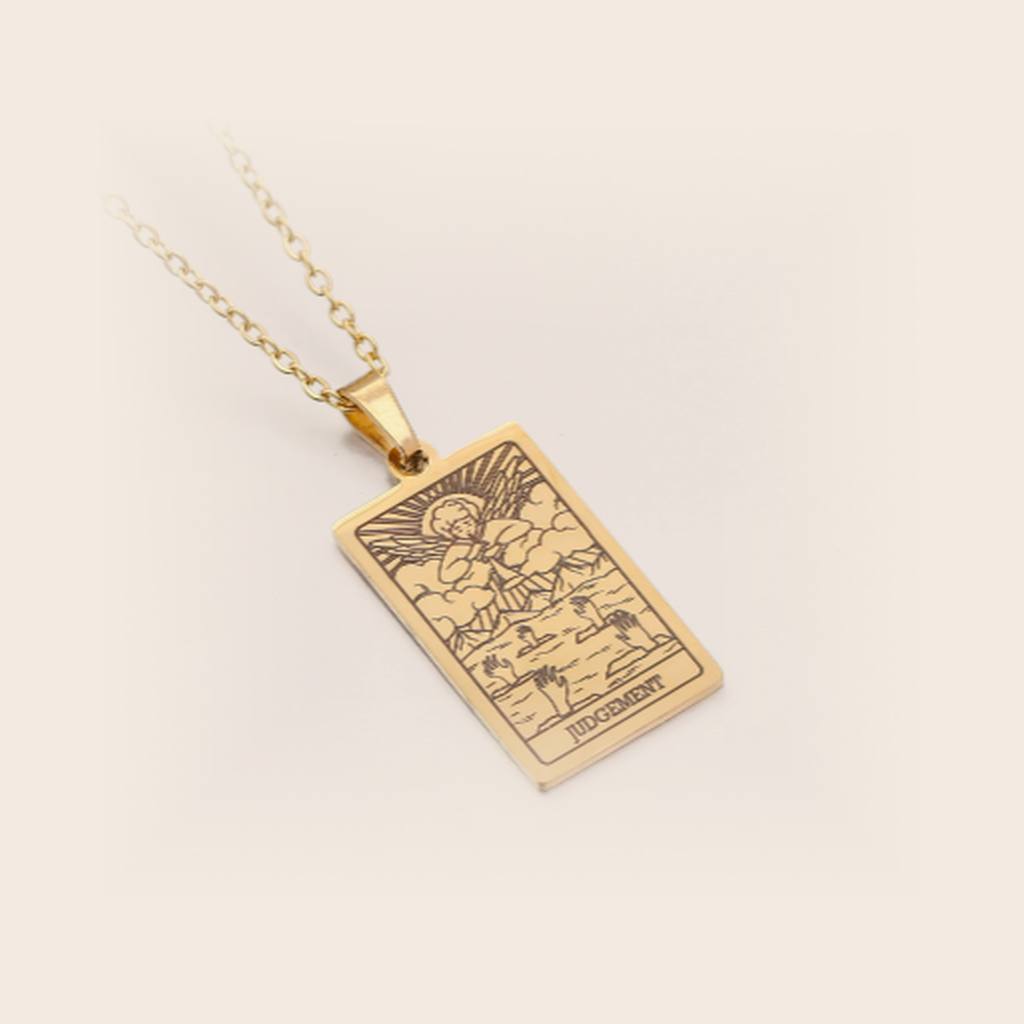 Tarot Necklace Gold, Judgement, studio packshot on cream