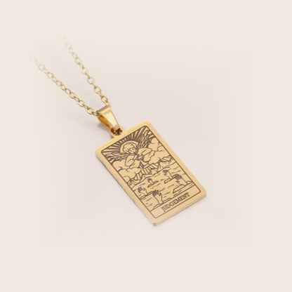 Tarot Necklace Gold, Judgement, studio packshot on cream