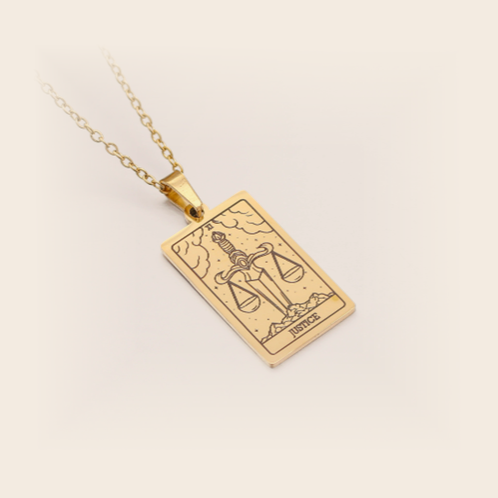 Tarot Necklace Gold, Justice, studio packshot on cream