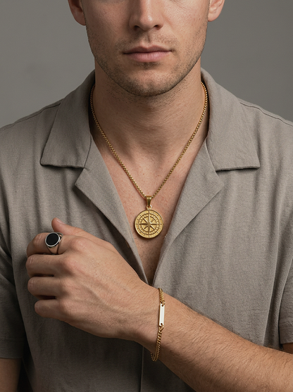 North Star Compass Pendant Necklace worn by model with bracelet and ring