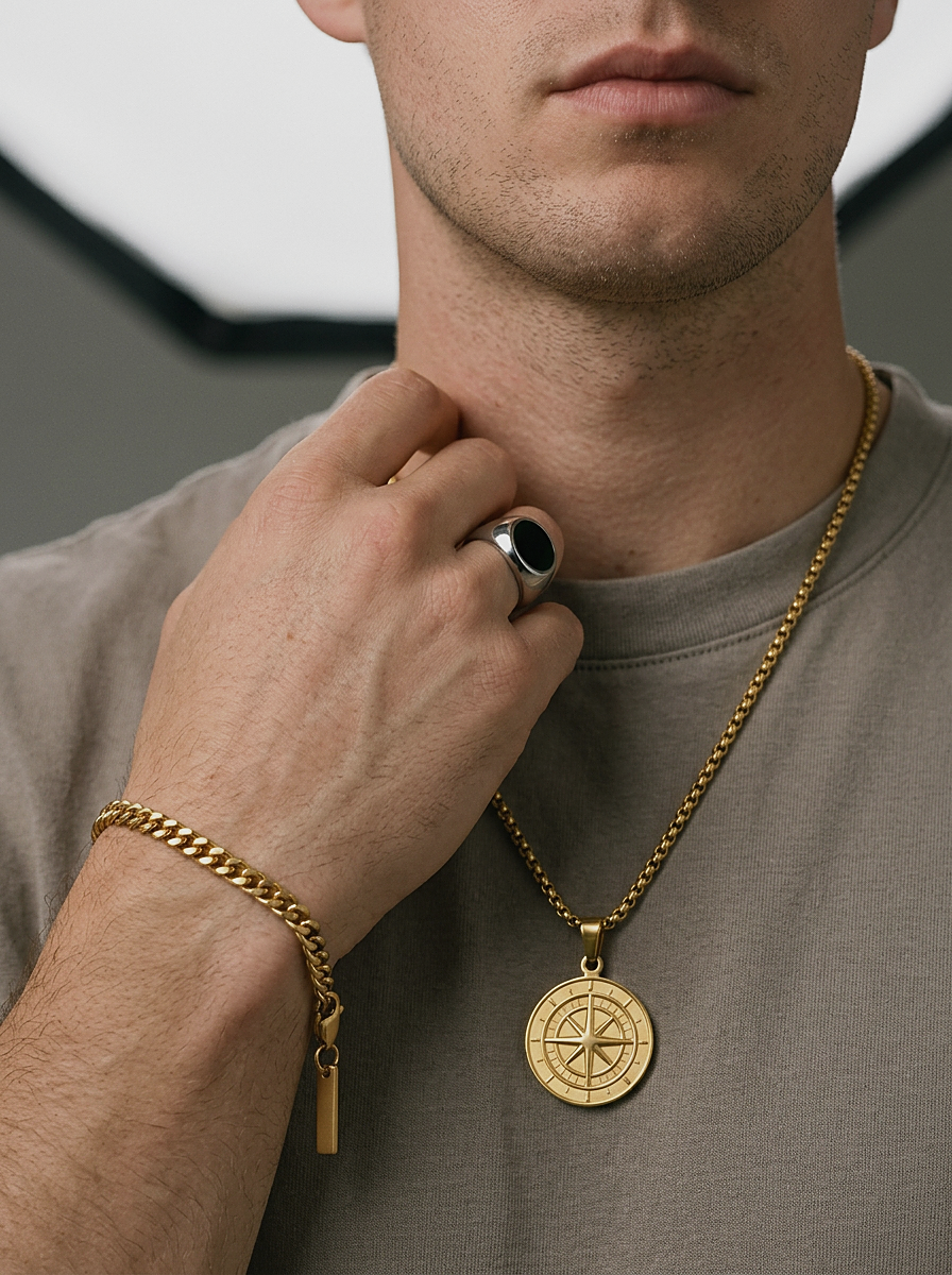 North Star Compass Pendant Necklace worn, styled with bracelet and ring