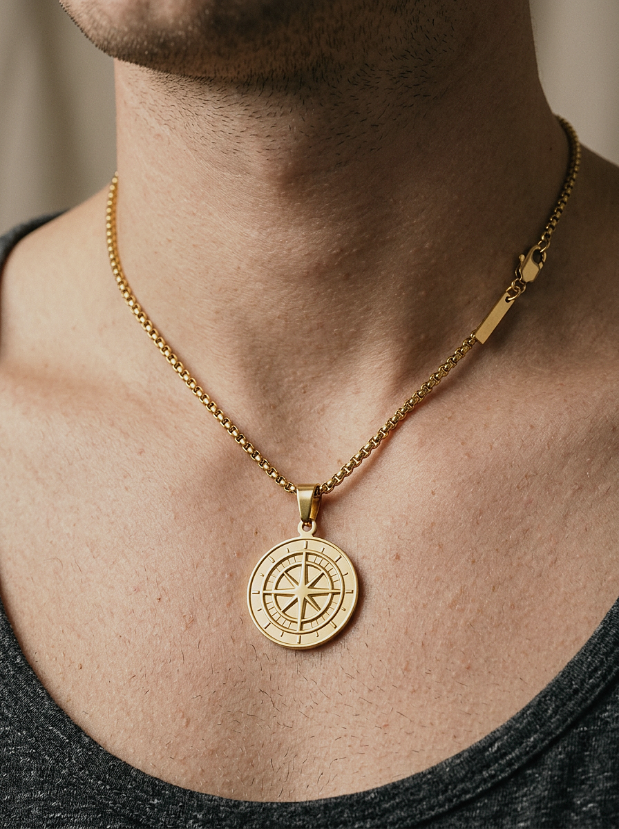 North Star Compass Pendant Necklace detail on model