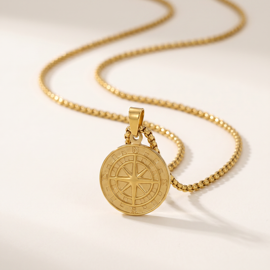 Close-up of the engraved compass medallion and box chain