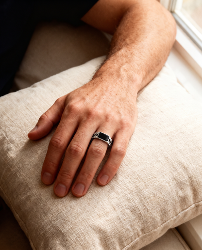 Onyx Watch-Link Signet Ring on hand