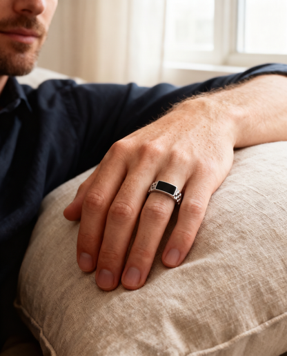 Onyx Watch-Link Signet Ring worn