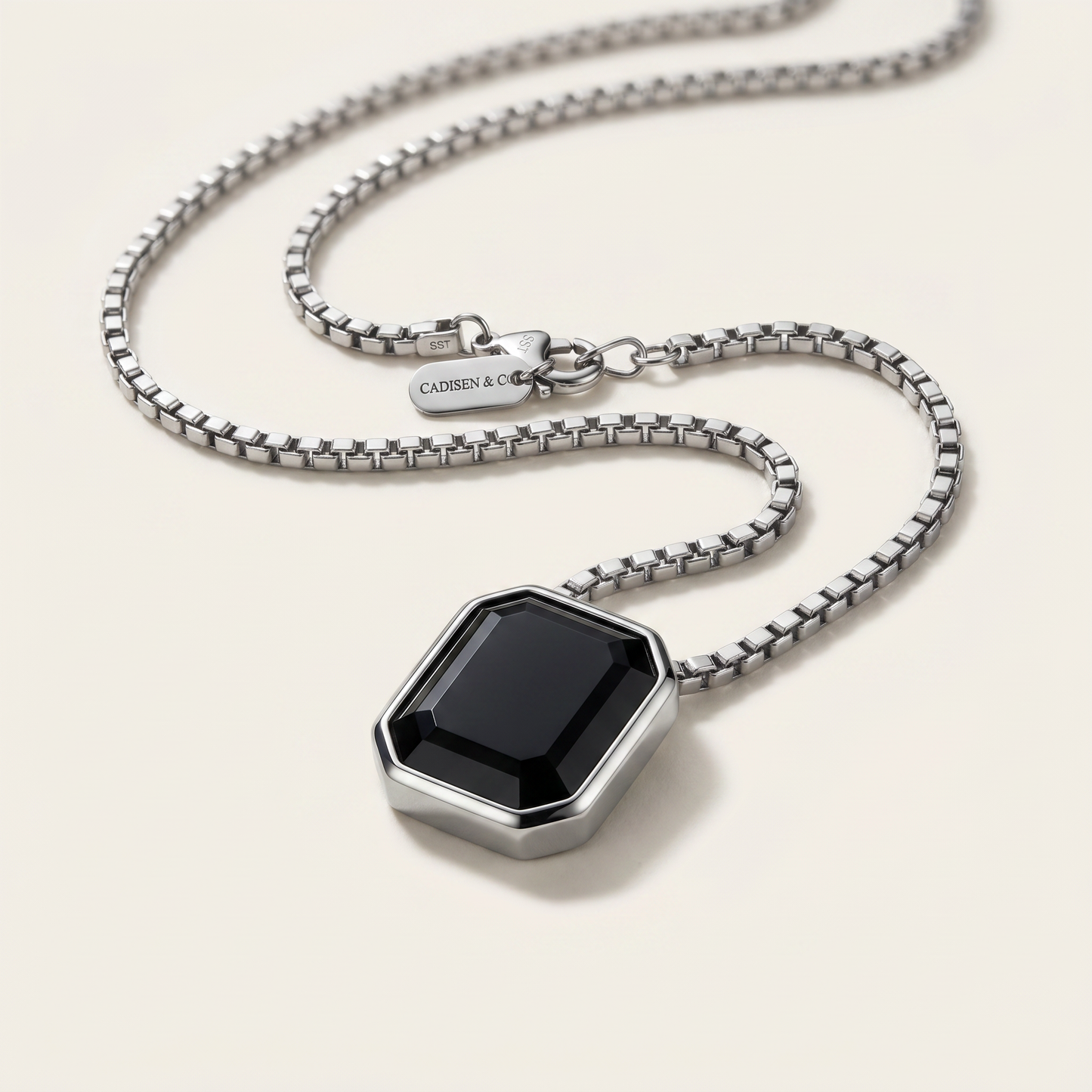 Close-up of the octagonal onyx pendant