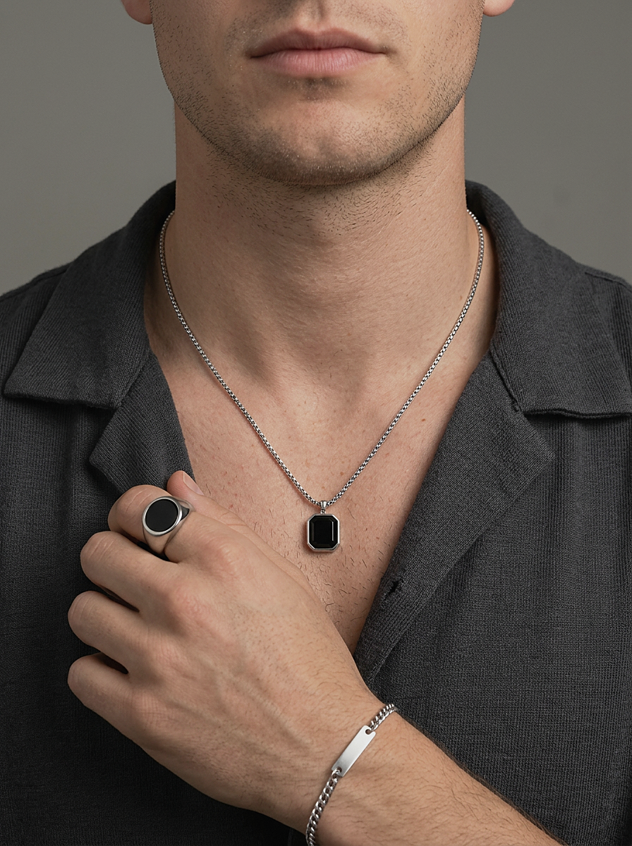 Onyx Octagon Pendant Necklace worn