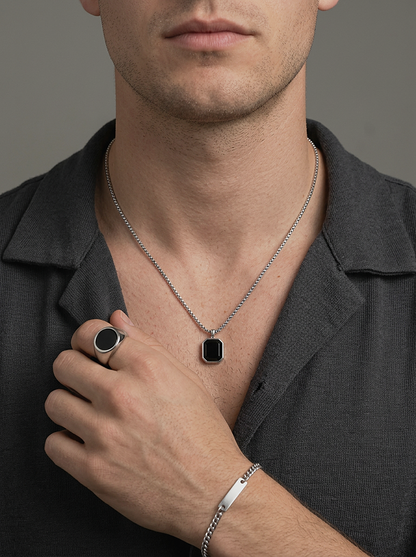 Onyx Octagon Pendant Necklace worn