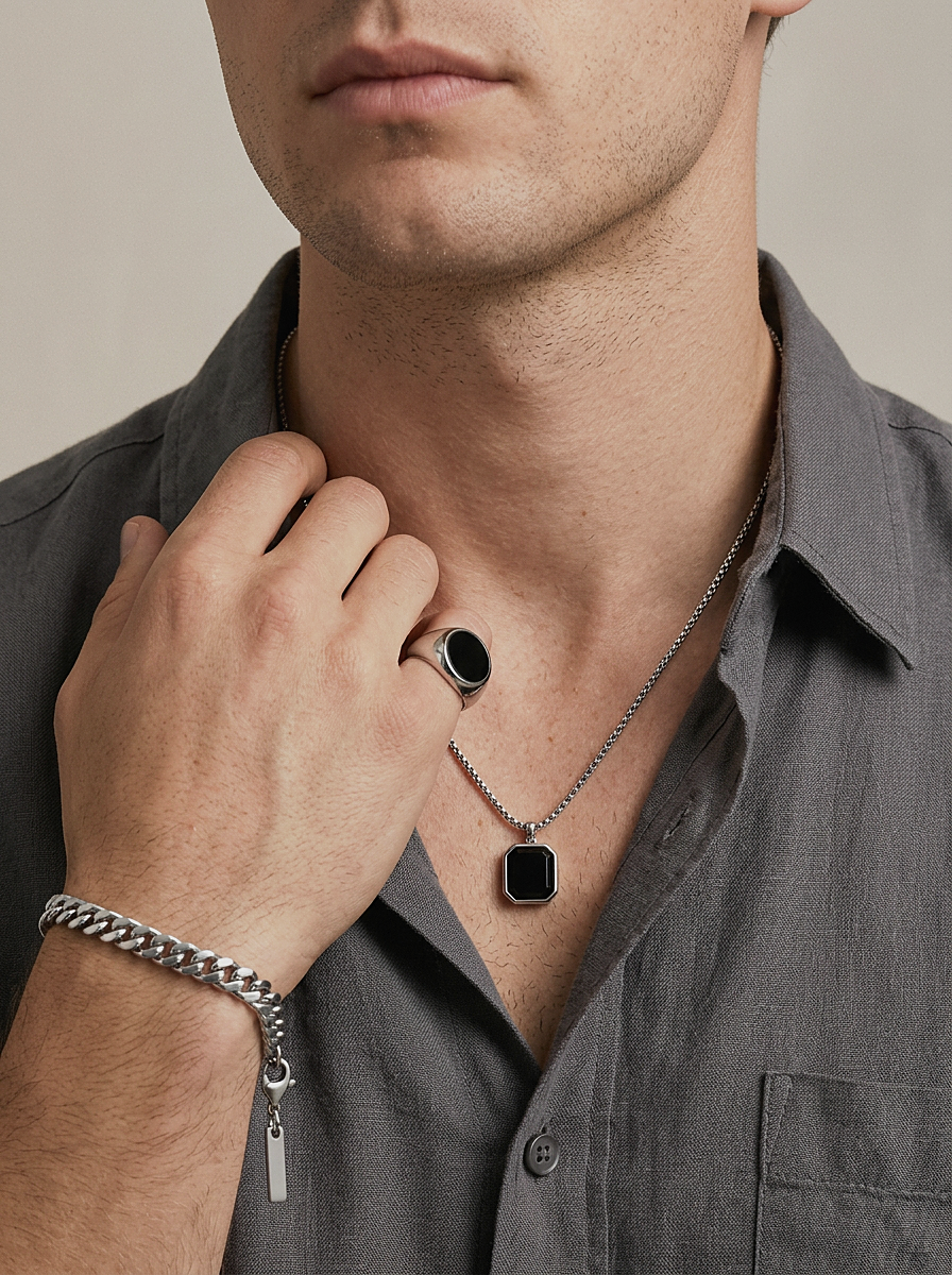 Onyx Octagon Pendant Necklace worn