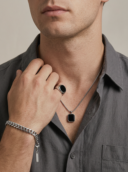 Onyx Octagon Pendant Necklace worn