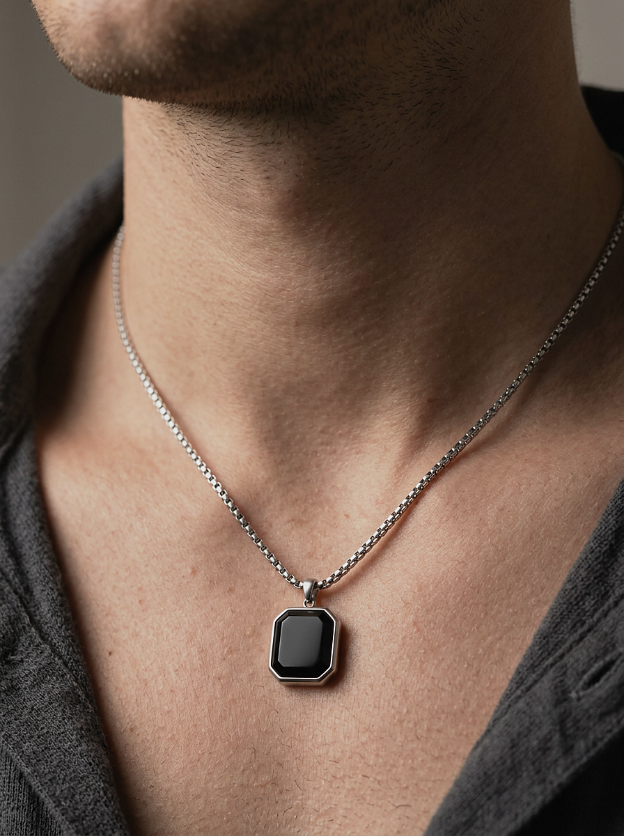 Onyx Octagon Pendant Necklace worn