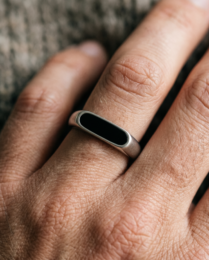 Onyx Signet Ring, Bar Silver