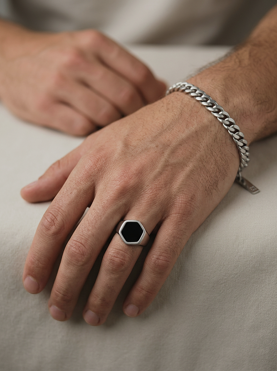 Onyx Signet Ring Hexagon worn