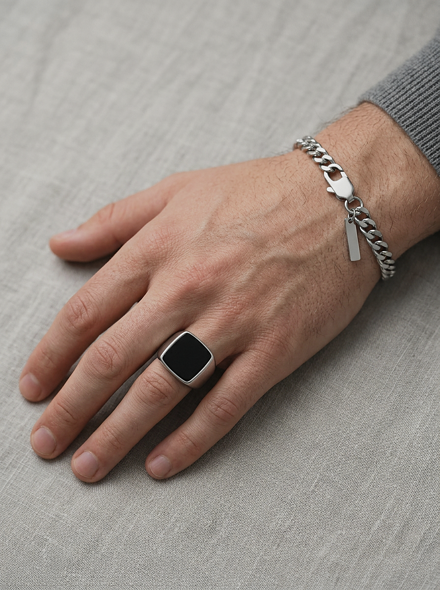 Onyx Signet Ring Square worn
