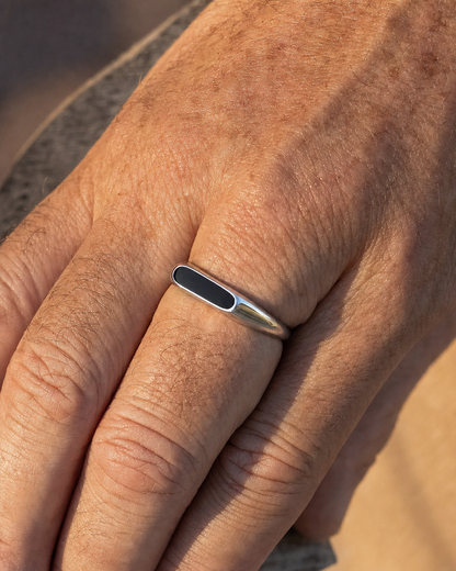 Onyx Signet Ring, Bar Face, macro knuckle