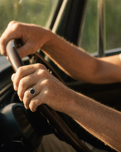 Onyx Signet Ring, Hexagon Face, steering wheel