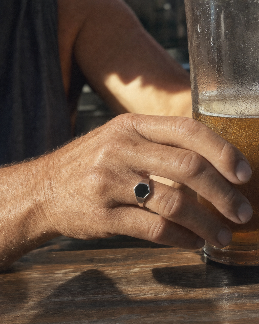 Onyx Signet Ring, Hexagon Face, pub glass