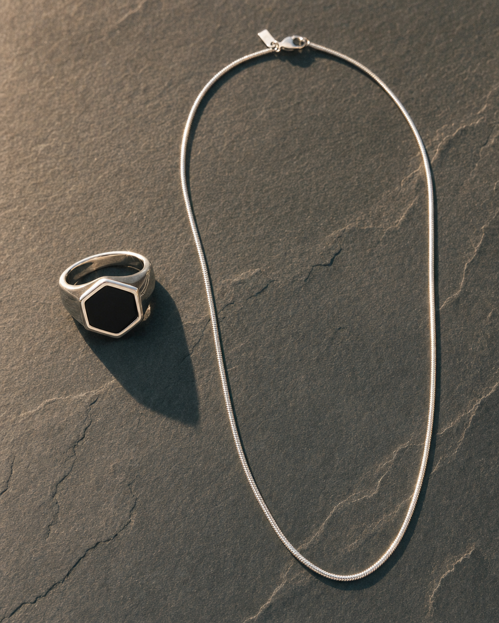 Onyx Signet Ring, Hexagon Face, pair necklace