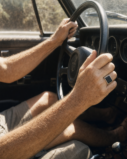 Onyx Signet Ring, Rectangle Face, steering wheel