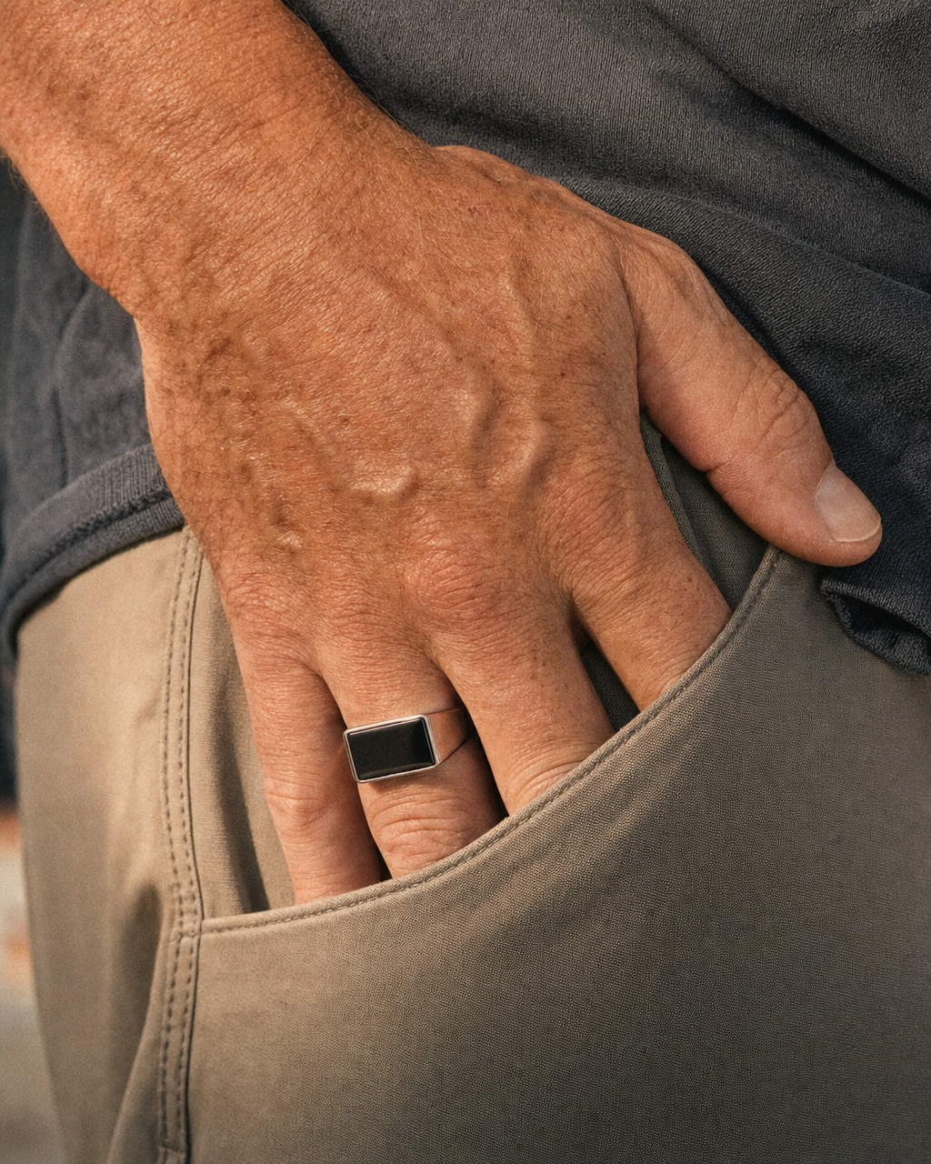 Onyx Signet Ring, Rectangle Face, pocket reach
