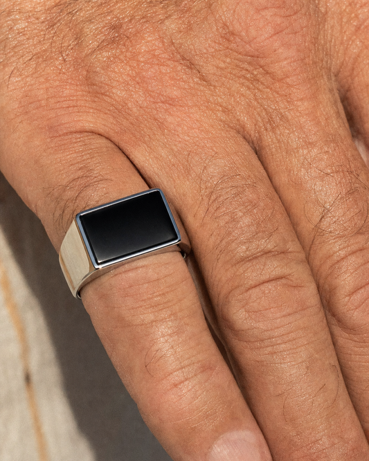 Onyx Signet Ring, Rectangle Face, macro knuckle
