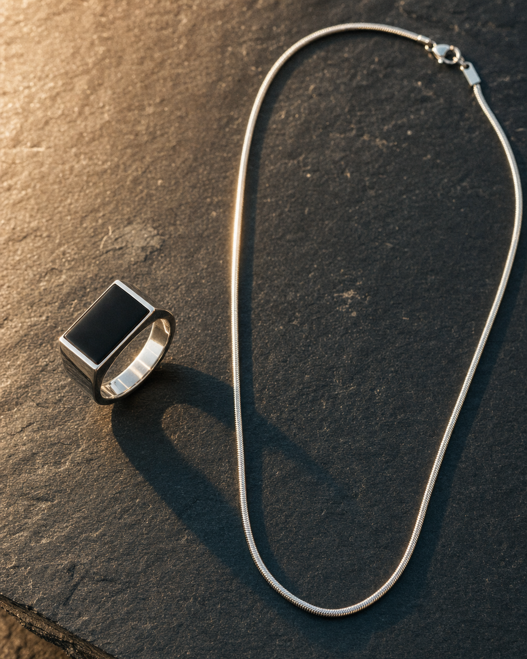 Onyx Signet Ring, Rectangle Face, pair necklace