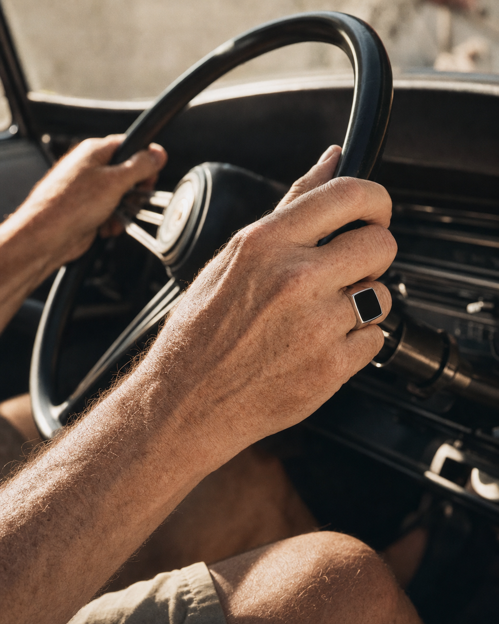Onyx Signet Ring, Square Face, steering wheel