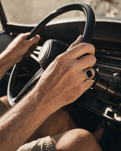 Onyx Signet Ring, Square Face, steering wheel