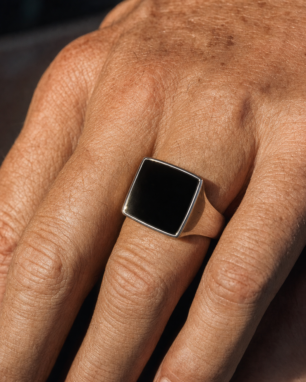 Onyx Signet Ring, Square Face, macro knuckle